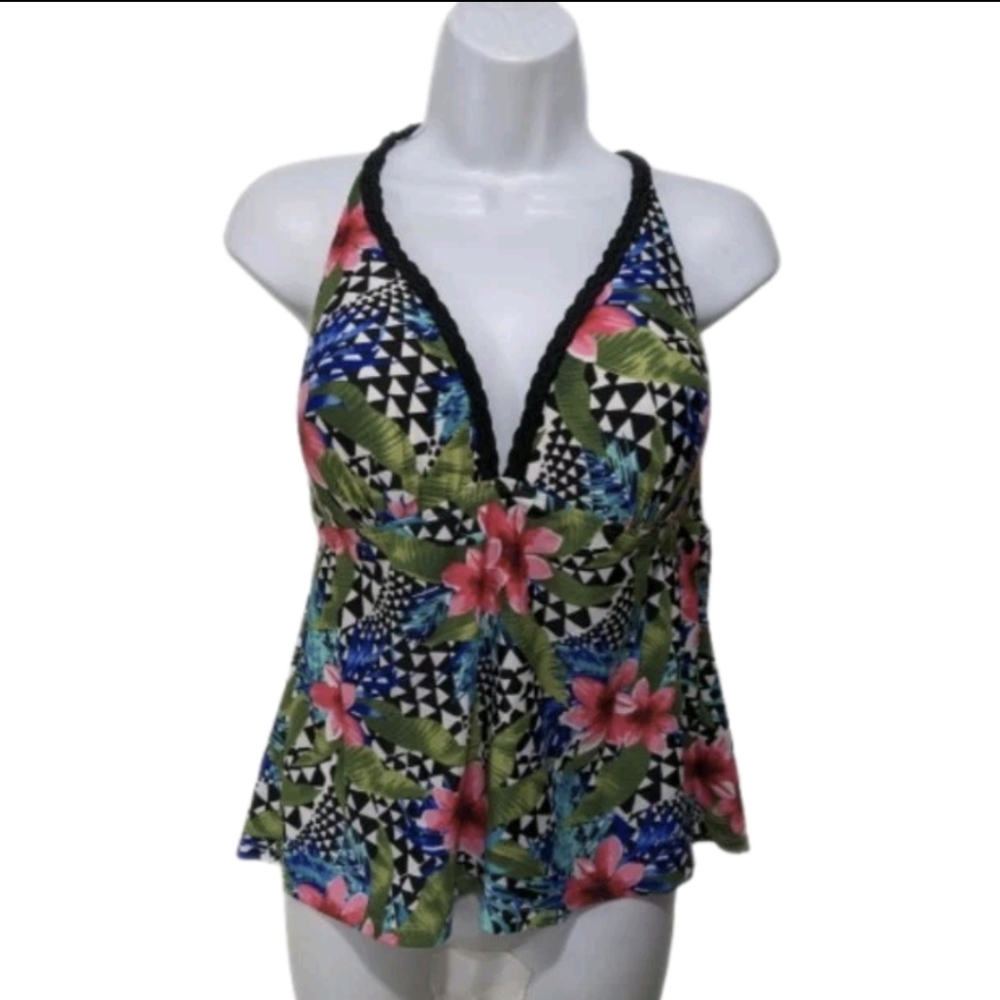 NWT Aqua Couture Tankini Swim Top XL Tropical Beach Halter #2175